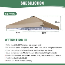SCOCANOPY Replacement Top with Air Vent and Buckle for 10x10 Canopy Frame, Canopy Cover ONLY, (Khaki)