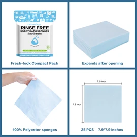 Disposable Rinse Free Bath Sponges, No Rinse Bathing Wipes for Adults, Soap Infused Dry Shower Wipes for Elderly, Bedridden, Camping, Post Surgery(25 Count 1 Pack)