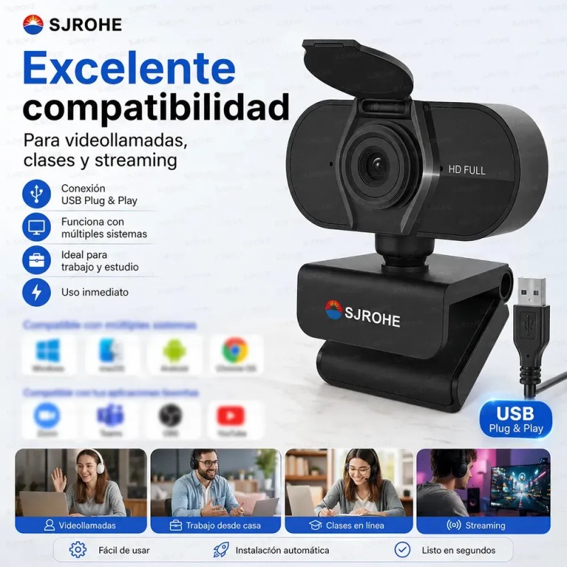 SJROHE® Cámara Web 1080p Webcam Con Micrófono 30fps Color Negro