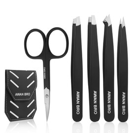 Professional-5 Pcs Tweezers Set for Women & Men, German Stainless Steel Precision Tweezer for Plucking All Type Facial Hairs, Tweezers Set Come with 1 Curved Scissors and 4 Tweezers in Pouch. (BLACK)