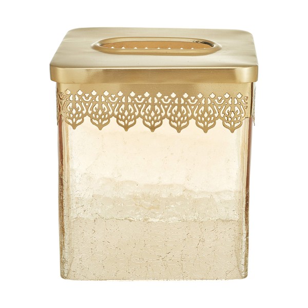 Five Queens Court Irene Crackled Glass and Metal Moroccan Tissue Cover, Gold, 5.25x5.25