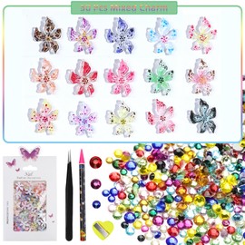 Flower Nail Art Charms Kit 3D Hawaii Flowers for Nails Mixed Soft Hibiscus Nail Flower Charms with Nails Rhinestones Wax Pencil Tweezers for Manicure Design DIY Crafts Decorations Supplies