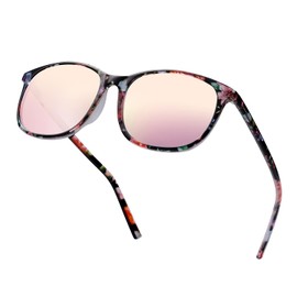 UEEMEE Polarized Sunglasses for Women Men，Trendy Rectangle Shades Sun Glasses UV400 Protection (Floral frame/Pink lens)