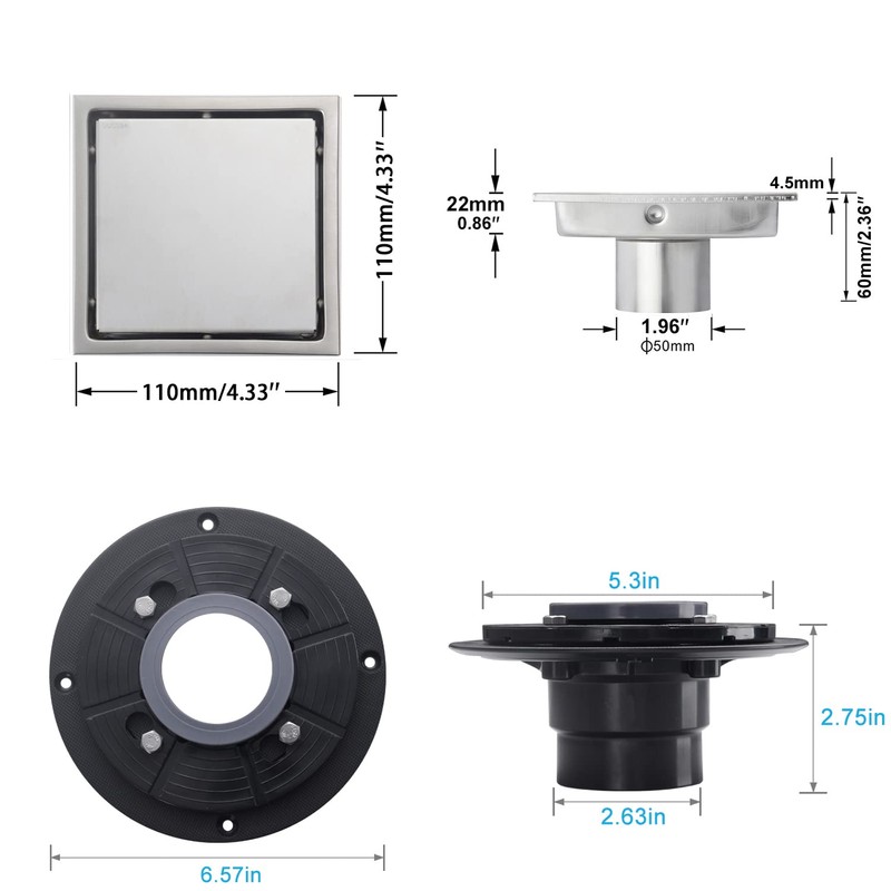 SISEHO Brushed Nickel Shower Drain 4 Inch Square for Bathroom