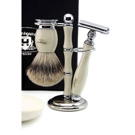 Mens Classic Silver Tip Horn Badger Hair Brush Safety Razor Double Brush & Shaving Stand Stainless Steel Shaving Bowl & Soap