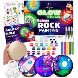 Glow in The Dark Galaxy Rock Painting Kit, Large Wooden Rocks for Painting, Arts and Crafts Painting Rocks for Kids, Kids Craft Paint Kits, Craft Activities Kits, Arts and Crafts Gifts for Boys Girls
