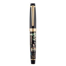 HONG DIAN Hongdian 231 Chinese Classical Fountain Pen, Iridum Fine Gold Nib with Chinese Painting Design, Smooth Writing Pen with Ink Converter and Metal Pen Box Set, Gold & Black