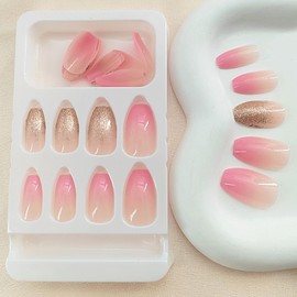 Short Press on Nails Coffin Pink French Tip Fake Nails Pink Gradient Full Cover False Nails Light Pink Glitter Glossy Glue on Nails Acrylic Nails for Women Girls 24 Pcs