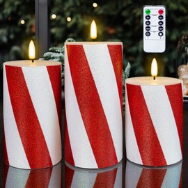 HN HAIINAA Christmas Red Stripes Glitter Flickering Flameless Candles, Battery Operated Pillar Real Wax LED Candle with Timer for Home Christmas Party Decor D3 x H4 5" 6" Set of 3