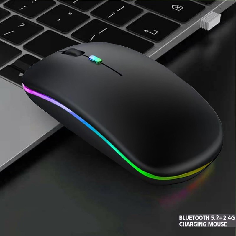 LED Wireless Mouse, Slim Silent Dual-Mode 2.4G+BT Rechargable 7-Color Mouse