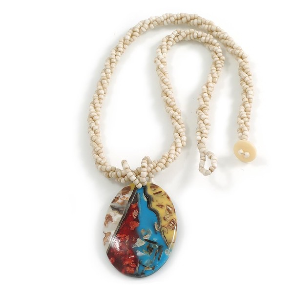 Oval Shell Pendant on Antique White Bead Twisted Cord Necklace