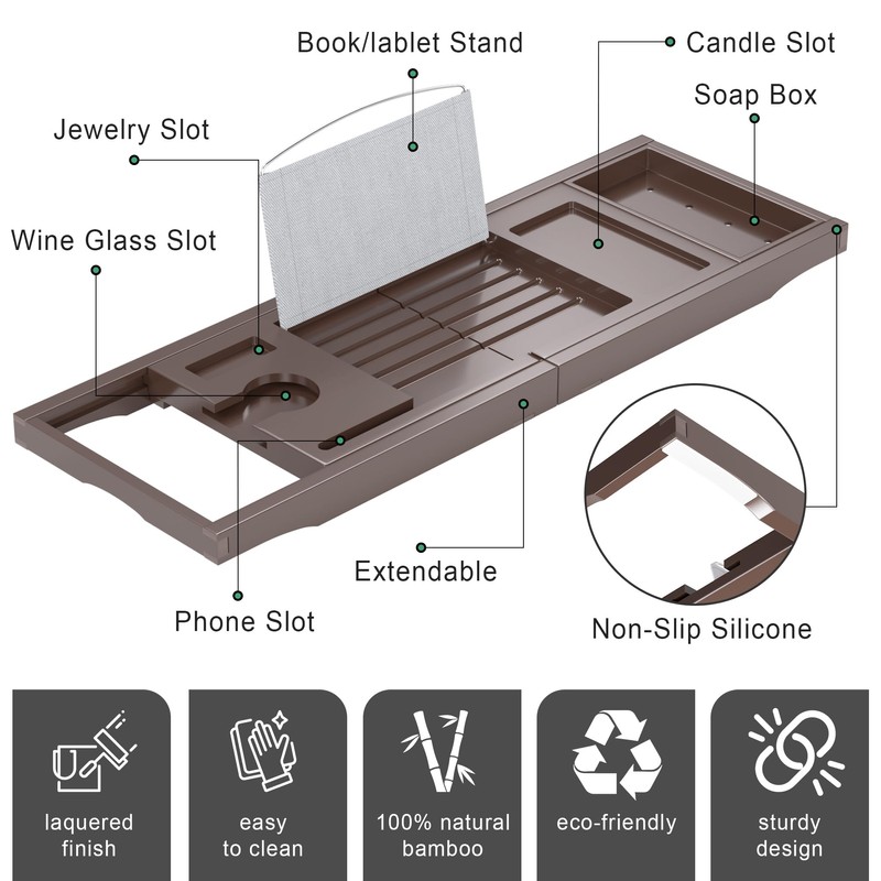 Foldable Bathtub Caddy Tray for Tub,Bamboo Expandable Bath Table Trays,Premium