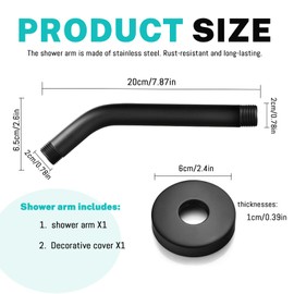 Black Shower Arm with Flange, Wall Mounted Shower Head Extension, Stainless Steel Extension Arm for Fixed Shower Head (Black)