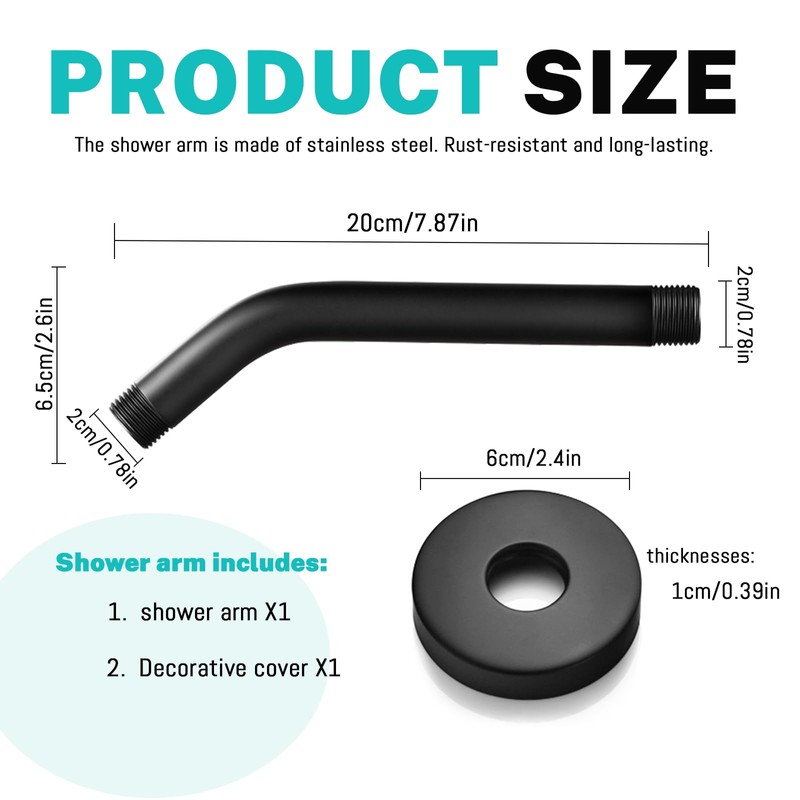 Black Shower Arm with Flange, Wall Mounted Shower Head Extension,
