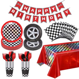 Uiifan 171 Pcs Race Cars Party Supplies, Iridescent Cars Theme Birthday Decorations Black Red Checkered Plates Napkins Cups Tablecloths Banner Knifes Forks for Boys Racing Supplies, Serve 24