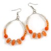 Orange/Transparent Ceramic/Glass Bead Hoop Earrings In Silver Tone - 70mm