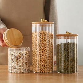 LUCKTE Glass Coffee Nuts Canister Airtight Storage Jar With Bamboo Lids Metal Handle Clear Glass Containers for Home Kitchen Storing Candy, Cookie, Pasta, Oatmeal, Spices (samll)