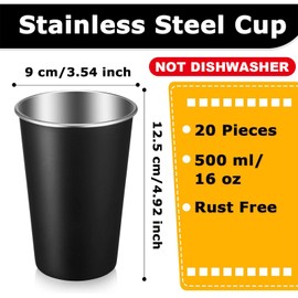 Mimorou 20 Pack Stainless Steel Pint Cups Metal Cups Unbreakable Drinking Water Tumblers Stackable Tumbler for Adults Bar Home Restaurant Travel Picnic Camping Outdoor (Black,16 oz)