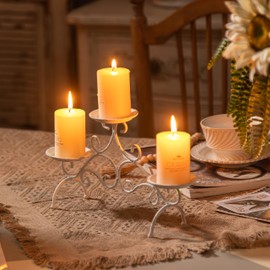 SOFE Rustic Fireplace Candelabra Candle Holder, 3 Arm Pillar Candle Holders, White Cast Iron Candle Holder for Inside Mantel Decor, Scroll Candle Stand for Home, Event, Wedding, Table Center Piece