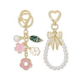 UDPP 2Pcs Cherry Keychain & Pearl Bow Keychain, Sparkly Bowknot Purse Charm Flower Key Chain for Women Handbags Backpacks Keys (Flower & Rhinestone Bow)