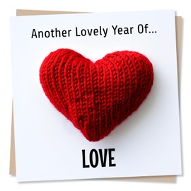 Adorable Happy Anniversary or Birthday or Valentines Card For Partner or Loved One - Heart, Heartfelt - Another Lovely Year Of You - Knitting, Red - For Husband, Wife, Girlfriend, Boyfriend, Couple