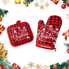 Christmas Oven Glove and Pot Holder Set Heat Resistant Non-Slip Cooking Gloves for Cooking, Baking and Grilling Kitchen Tool