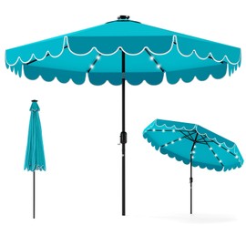 Tangkula 9.5 FT Solar Patio Umbrella, 2-Tiers Scalloped Outdoor Table Market Umbrella with 32 LED Lights, Vented Top, Tilt Adjustment, Crank, 8 Ribs for Backyard Poolside Deck Beach Lawn (Turquoise)