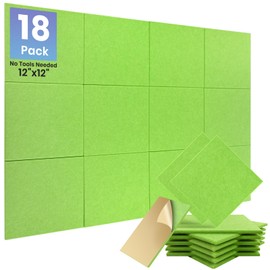 Focusound 18 Pack Sound Proof Panels for Walls, Self-Adhesive Acoustic Panels Sound Absorbing, 12" X 12" X 0.4" High Density Green Square Soundproof Wall Panels