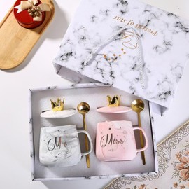 Habwah Mr and Mrs Mugs Gifts for Couple, Gifts for Engagement Bride and Groom 14Oz Ceramic Mugs (Mr & Miss)