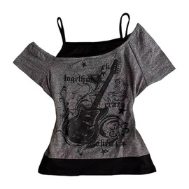 Alt Goth Emo Grunge Shirts Fake 2 Piece Grahpic Tees Y2k Baby Tee Women Streetwear 2000s Crop Top Summer 2025 (Dark Grey,L,Large)