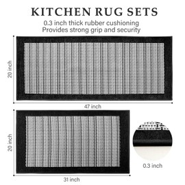 eqivei Kitchen Rugs, Non Slip Washable Kitchen Mat Set of 2, 47"x20"+31"x20", Absorbent Runner Rugs with Rubber Backing for Front of Sink, Kitchen Floor, Laundry Room (Black)