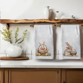 Qabliqo Easter Bunny Kitchen Towels Set of 2, Coquette Pink Bow Easter Dish Towels, Easter Bunny Eggs Decor Hand Towels for Bathroom, Bunny Gifts for Girls Women, Easter Home Decor, 16x24 Inch