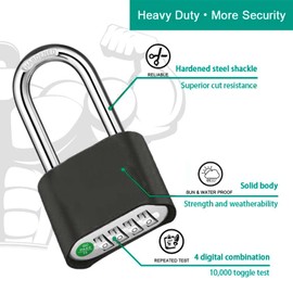 Combination Padlock, 4 Digit Heavy Duty Security Lock, 60mm Long Shackle Padlock with Code for Locker Outdoor Weatherproof Suitcase Lock Combination Lock for Gym, School Locker, Shed, Garage