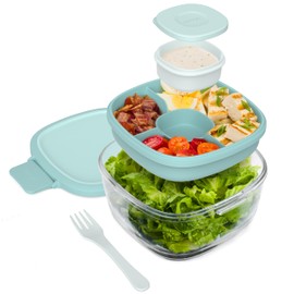 Bentgo Glass All-in-One Salad Container - Large 61-oz Salad Bowl with Lid, 4-Compartment Bento-Style Tray, 3-oz Sauce Container & Reusable Fork - Dishwasher, Microwave, Oven Safe (Coastal Seaglass)