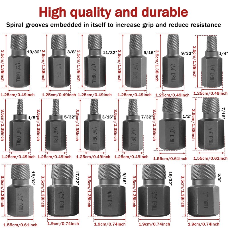 17Pcs Screw Extractor Set Hex Head Easy Out Bolt Extractor