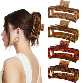 4 PCS 5 Inch Extra Large Claw Clips for Women, Tortoise Shell Jumbo Claw clips for Thick Long Curly Hair, Oversized Matte Non-slip Rectangle, Durable Strong Hold Hair Clip, Non-slip Square Jaw Clips
