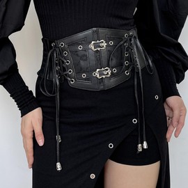 Vintage Faux Leather Corset Belt Sides Lace-up Medieval Renaissance Underbust Wide Elastic Waist Belts for Women (Black, Fit Waist 26-29")