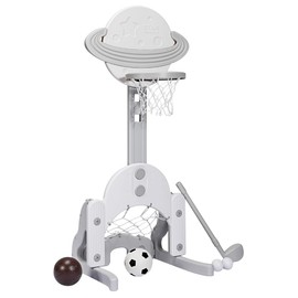 AKUSTIK 3 in 1 Toddlers Basketball Hoop Stand, Adjustable Height Sports Center with Basketball Soccer Golf Game Set, Portable Indoor Outdoor Activity Playset Gift for Kids (White)