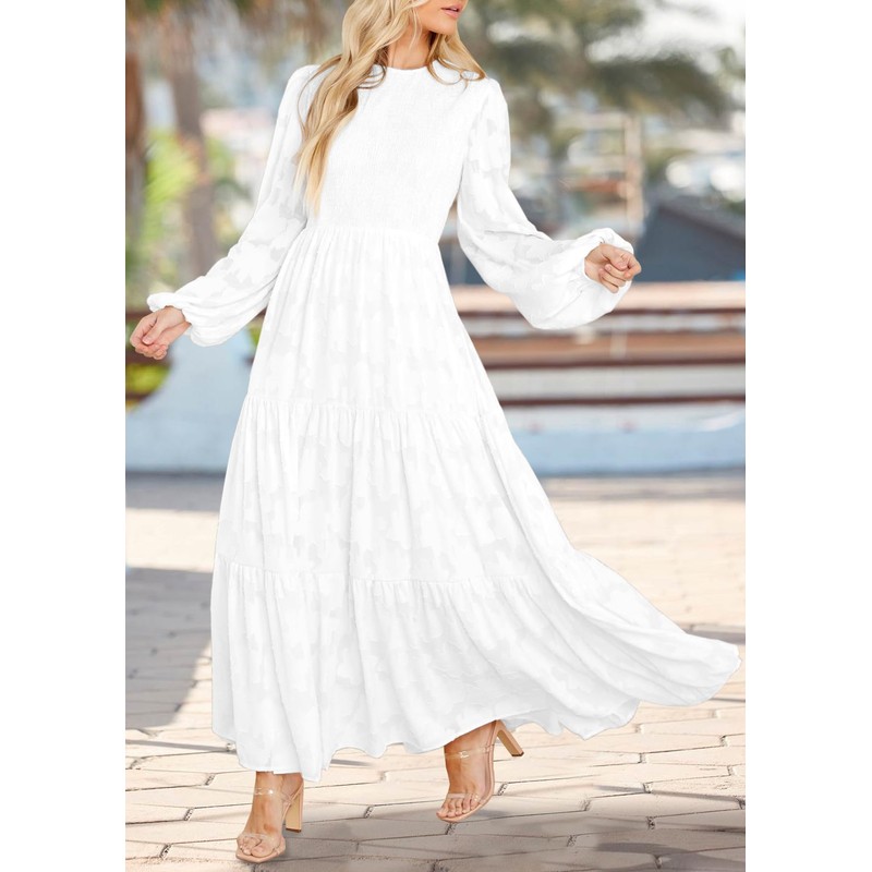 MITILLY Women's Elegant Floral Long Sleeve Round Neck Smocked A-Line