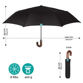 PERLETTI Black Men's Automatic Umbrella with Pattern - Windproof Pocket Umbrella Tartan with Handle - Men's Umbrella Lightweight Storm Resistant Windproof - Diameter 96 cm, Curved wooden handle
