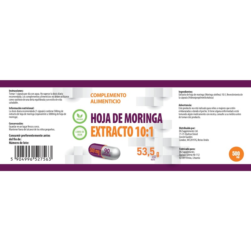 Moringa Leaf 5,000mg Equivalent (500mg 10:1 Extract) 90 Vegan Capsules,