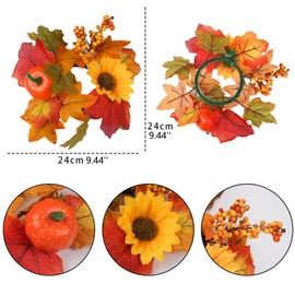 2 Pieces Thanksgiving Candle Rings Wreaths,Artificial Flower Maple Leaf Pumpkin Fall Candle Holders, Thanksgiving Candle Garland Home Table Centerpieces Decorations