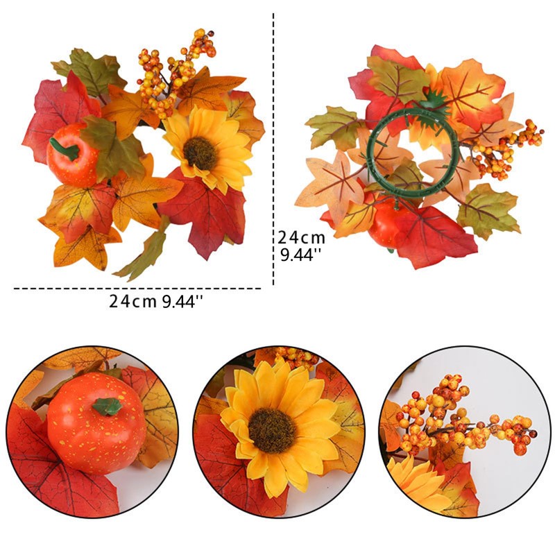 2 Pieces Thanksgiving Candle Rings Wreaths,Artificial Flower Maple Leaf Pumpkin