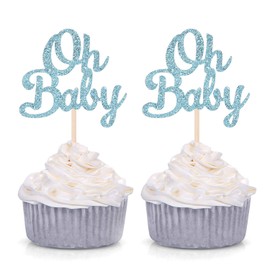 Blue Glitter Oh Baby Cupcake Toppers Baby Shower Boy's First Birthday Party Decorations (Pack of 24)