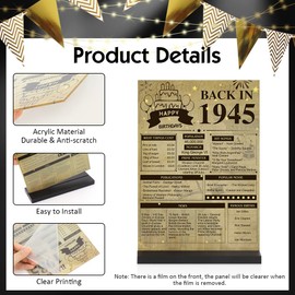 Back to 1945 Birthday Decor Table Sign,80th Birthday Party Vintage Decorations UK,Party Standing Sign with Stand,for Men Women,Double Sided Acrylic Decoration for Men Women (1945(80th))