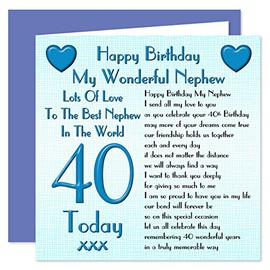 Nephew 40th Happy Birthday Card - Lots Of Love To The Best Nephew In The World - 40 Today