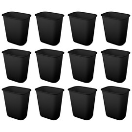 Sterilite 9 Gallon Rectangular Wastebasket Easy to Clean Open Top Durable Home Kitchen Trash Bin, Fits 13 Gallon Liner, 12 Pack, Black