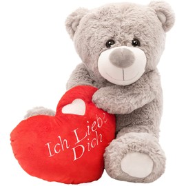 I Love You Teddy Bear Valentines Day Present Large 16"/41cm Soft Grey Plush Toy Holding Red Love Heart with 'Ich Liebe Dich' Embroidery - Perfect for Valentines - Mother's Day
