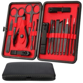 Mumoo Bear Manicure Set, Pedicure Kit 19 in 1 Nail cutter Stainless Steel Professional Grooming Kit Fingernails Scissors Toenails clippers Nail Tools with black&red Leather Travel Case
