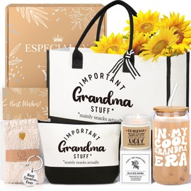 iAOVUEBY Mothers Day Gifts for Grandma, Birthday Gifts for Grandma, 16 Oz Glass Cup Tote Bag Makeup Bag Gift Basket from Granddaughter Grandson, Christmas Thanksgiving Ideas for Grandmother
